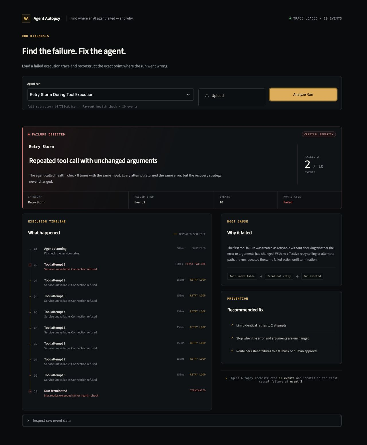 Agent Autopsy retry-storm analysis showing the failure, timeline, root cause, and recommended fix